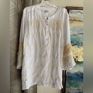 Coldwater Creek White and Cream Embellished Tunic with 3/4 Sleeves Sz M NEW